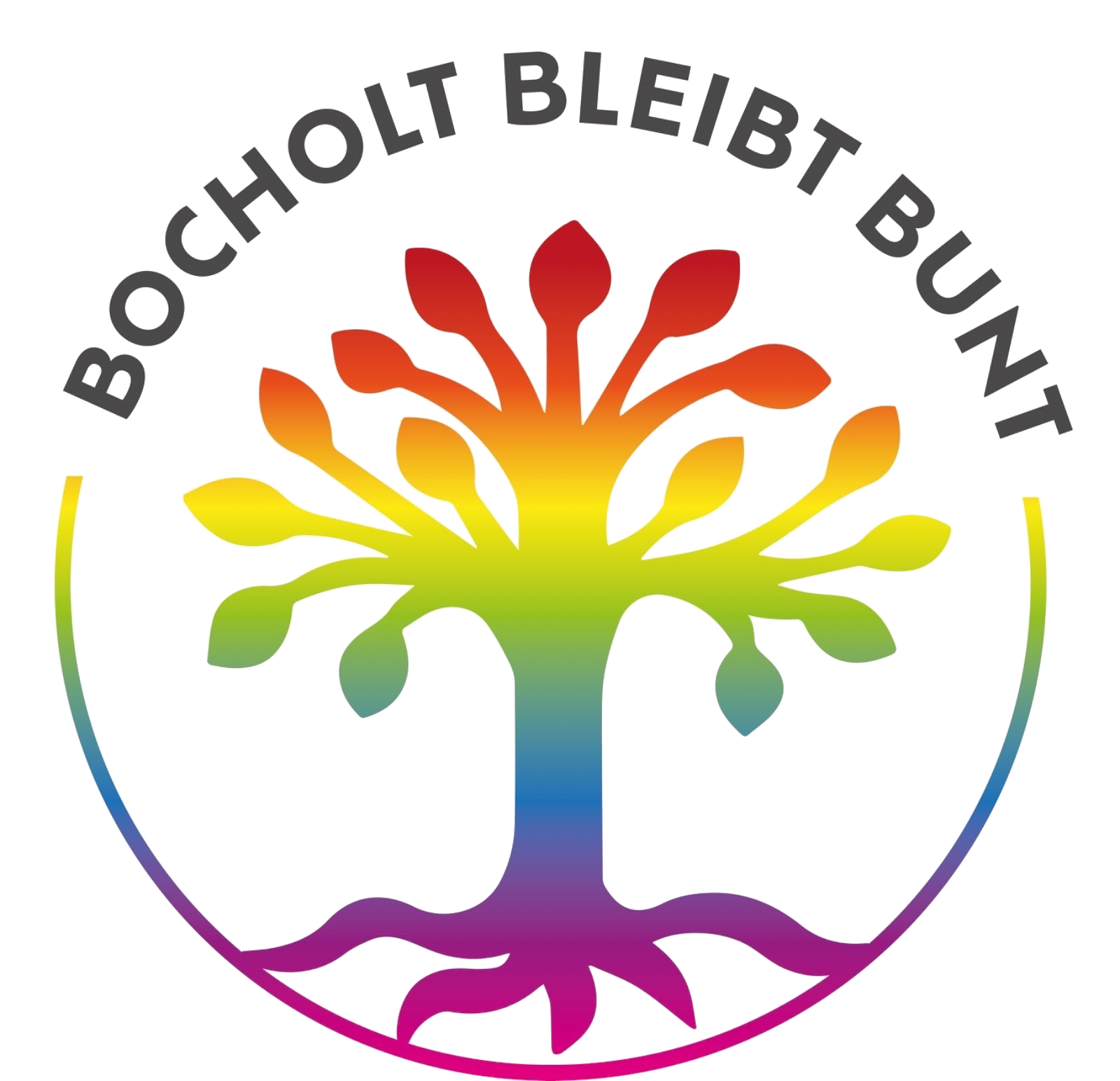 Logo von Bocholt Bleibt Bunt e.V.: Eine stilisierte Buche, aufgebaut aus Schichten in bunten Farben die fließen ineinander übergehen. Oberhalb der Buche steht Bocholt Bleibt Bunt entlang der Baumkrone gekrümmt.